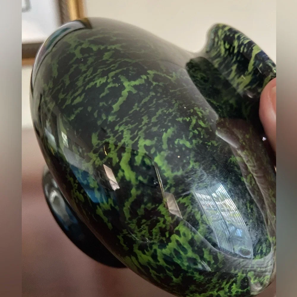 Amazing Mouth-blown Cased Glass Onion Vase Black & Green Alien Speckle w/ White